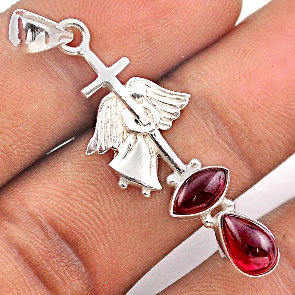 4.26cts natural red garnet 925 sterling silver angel cross pendant t89096