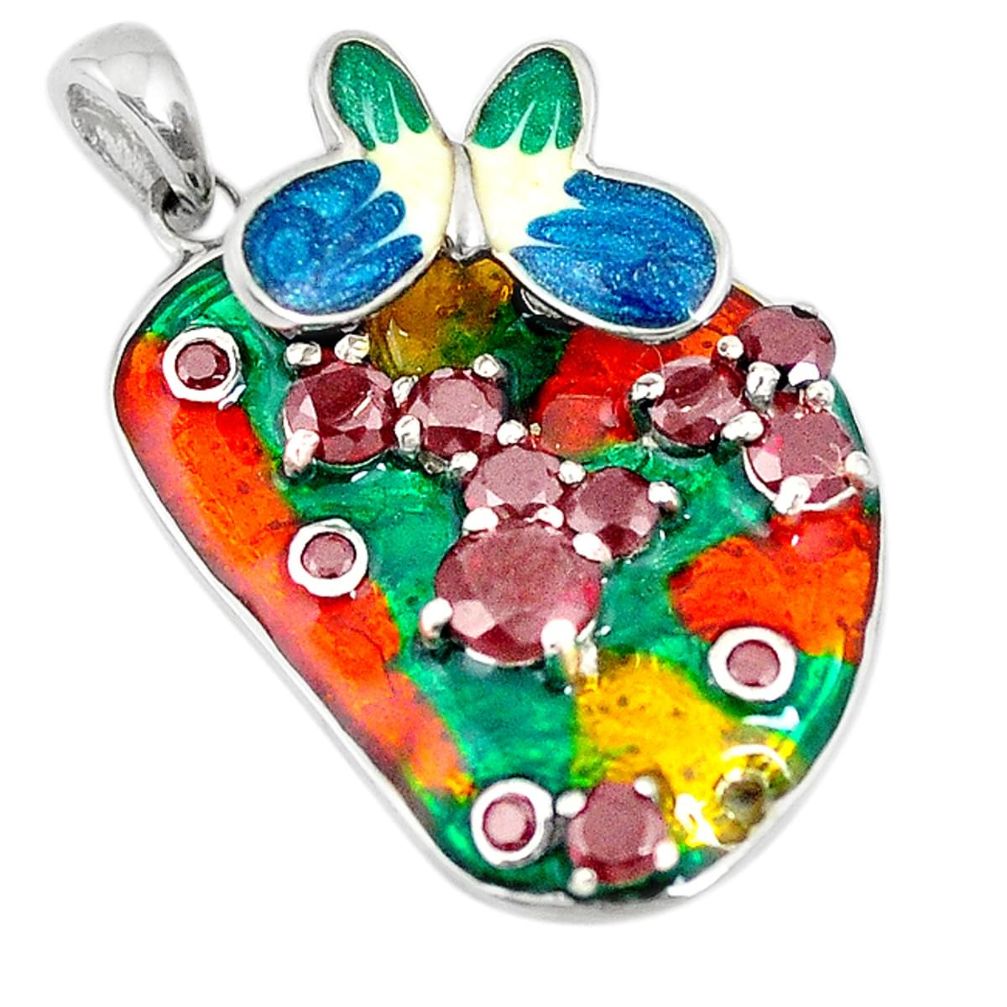 Natural red garnet multi color enamel 925 silver butterfly pendant c21839