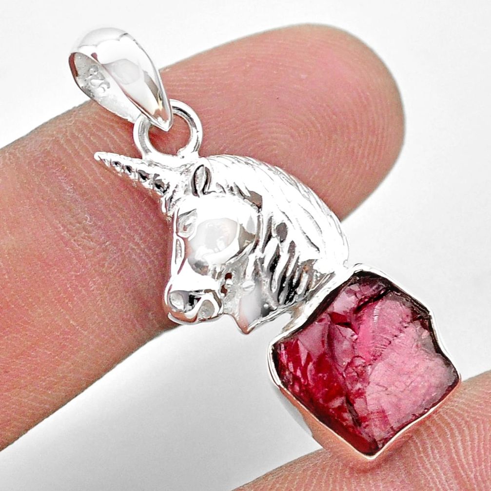 5.82cts natural red garnet rough 925 sterling silver unicorn pendant t30922