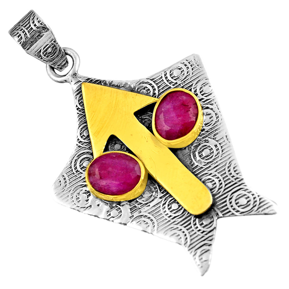 4.22cts natural red ruby 925 sterling silver 14k gold pendant jewelry d39144