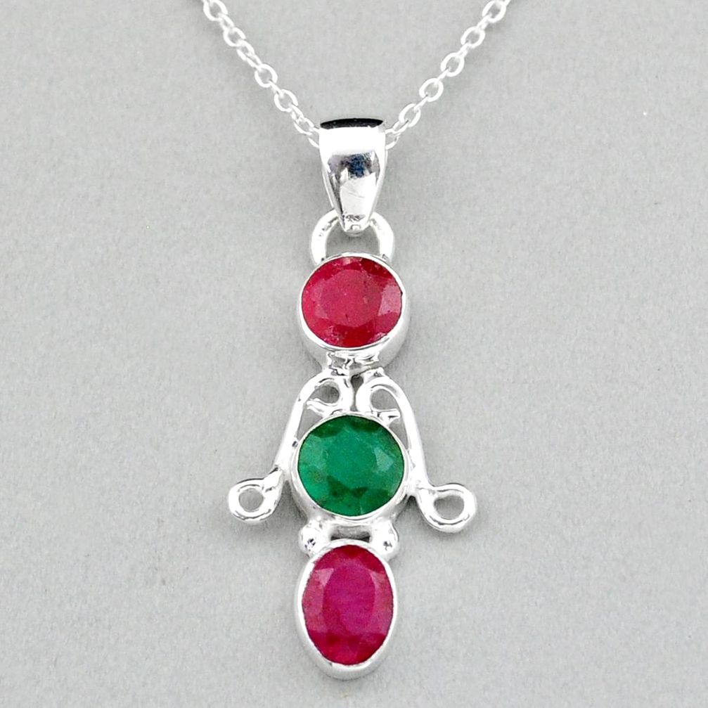 3.49cts natural red ruby emerald 925 sterling silver 18' chain pendant u8372