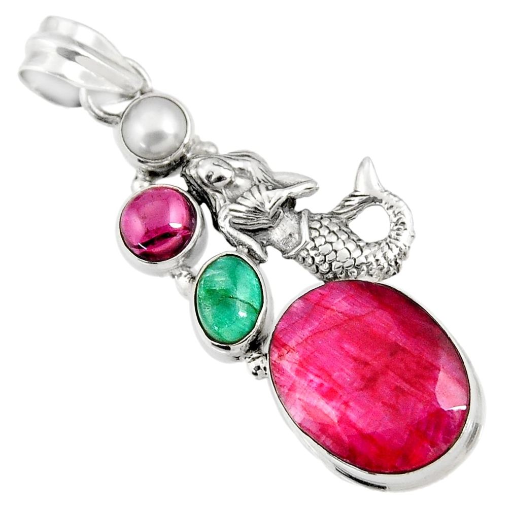 14.40cts natural red ruby emerald pearl 925 silver fairy mermaid pendant d43688