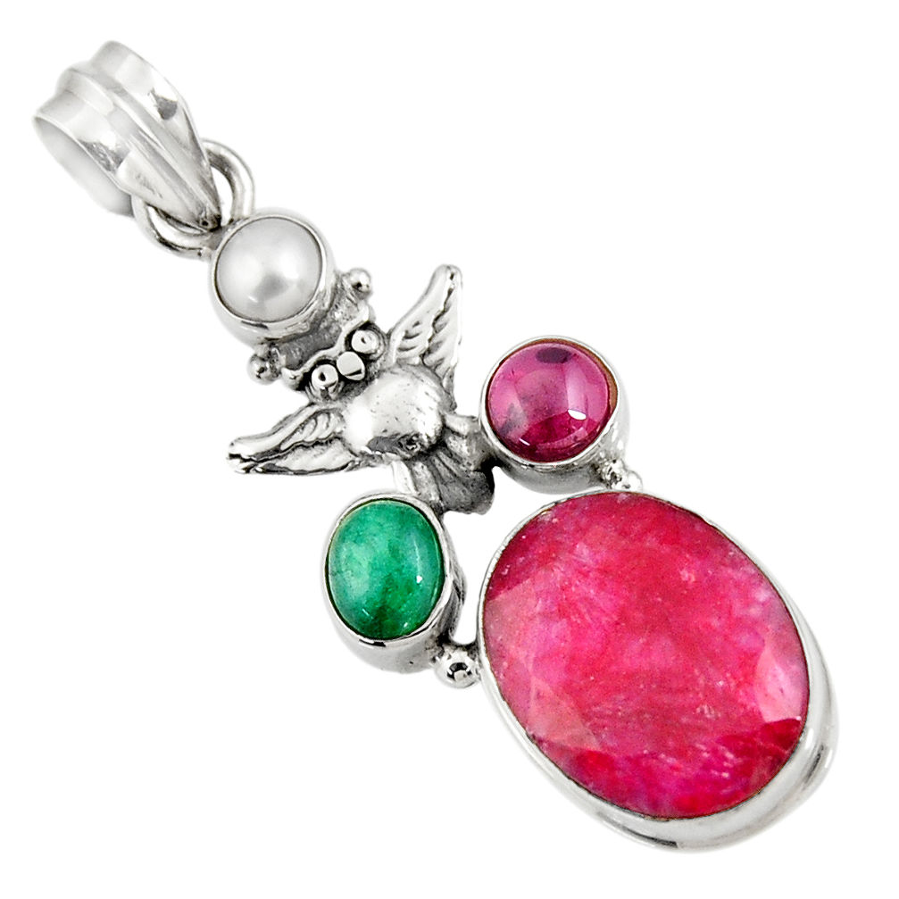 13.79cts natural red ruby emerald pearl 925 sterling silver owl pendant d43686