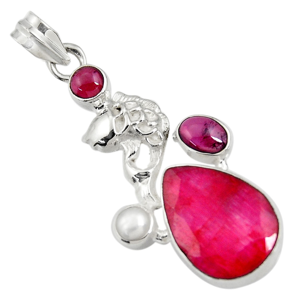 16.92cts natural red ruby garnet pearl 925 sterling silver fish pendant d43681