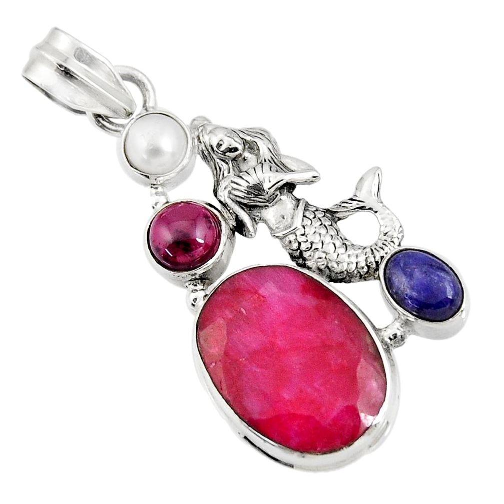 14.45cts natural red ruby lapis lazuli 925 silver fairy mermaid pendant d43685