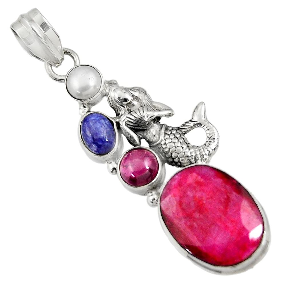 14.42cts natural red ruby lapis lazuli 925 silver fairy mermaid pendant d43694