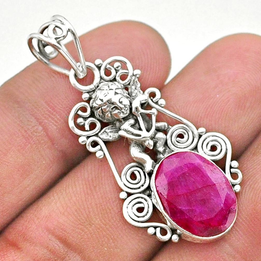 5.87cts natural red ruby oval 925 sterling silver angel pendant jewelry t40776