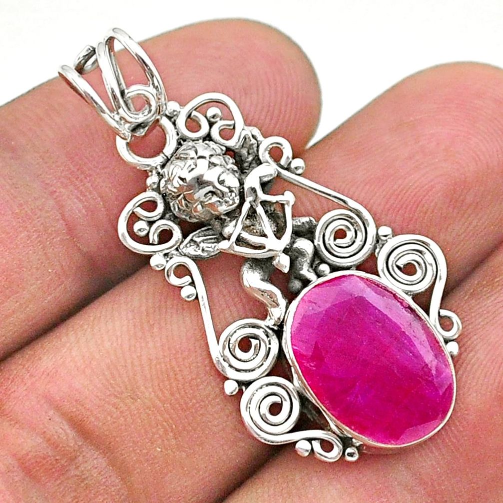 6.07cts natural red ruby oval 925 sterling silver angel pendant jewelry t40780