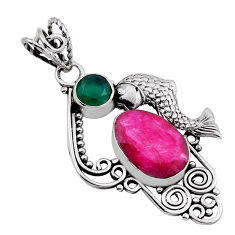 6.22cts natural red ruby oval chalcedony 925 sterling silver fish pendant n25772