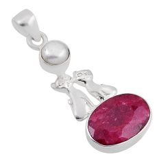 5.84cts natural red ruby oval pearl 925 sterling silver two cats pendant n34532