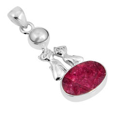6.35cts natural red ruby oval pearl 925 sterling silver two cats pendant y55691