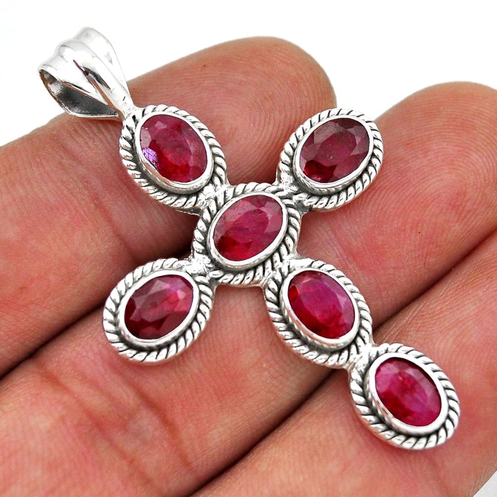 9.95cts natural red ruby oval sterling silver holy cross pendant jewelry n41165