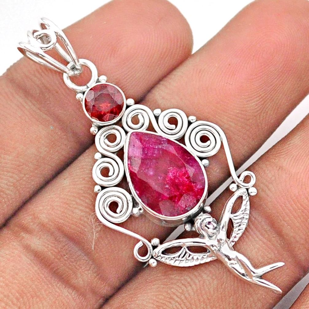 6.48cts natural red ruby pear garnet 925 silver angel wings fairy pendant u7071