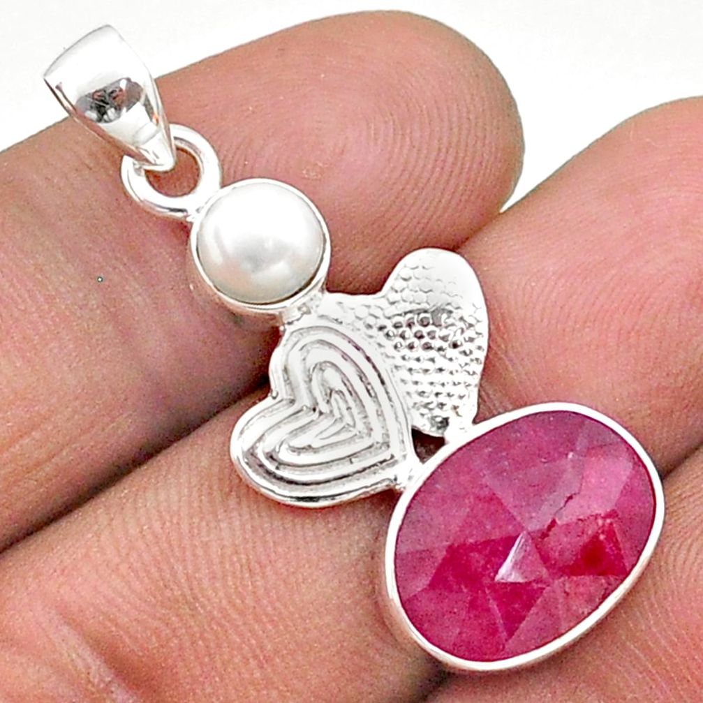6.70cts natural red ruby pearl 925 sterling silver couple hearts pendant t73937