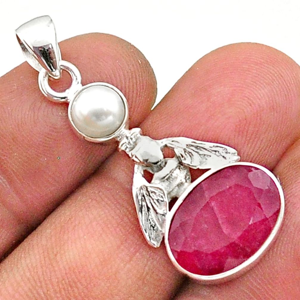 6.36cts natural red ruby pearl 925 sterling silver honey bee pendant t73914