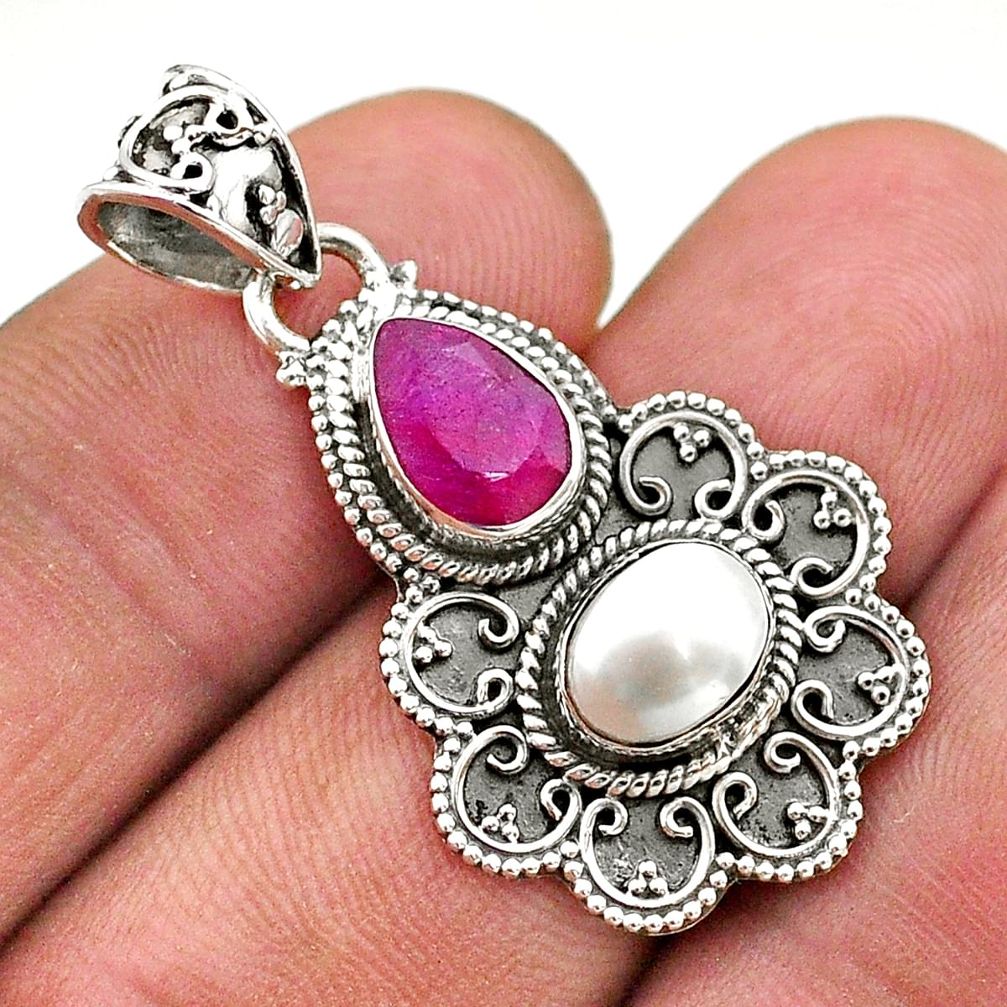 4.30cts natural red ruby pearl 925 sterling silver pendant jewelry t69562