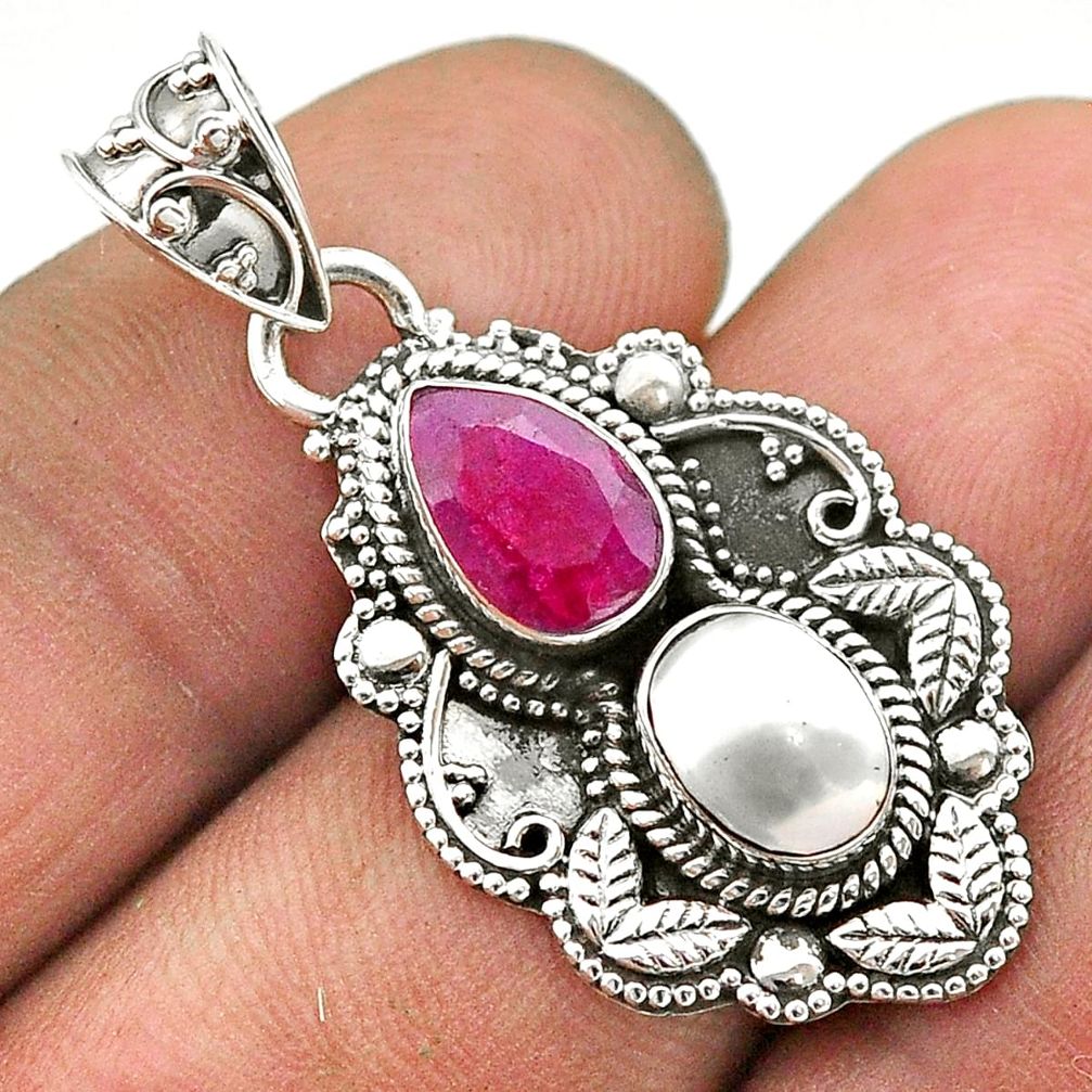 4.50cts natural red ruby pearl 925 sterling silver pendant jewelry t69597