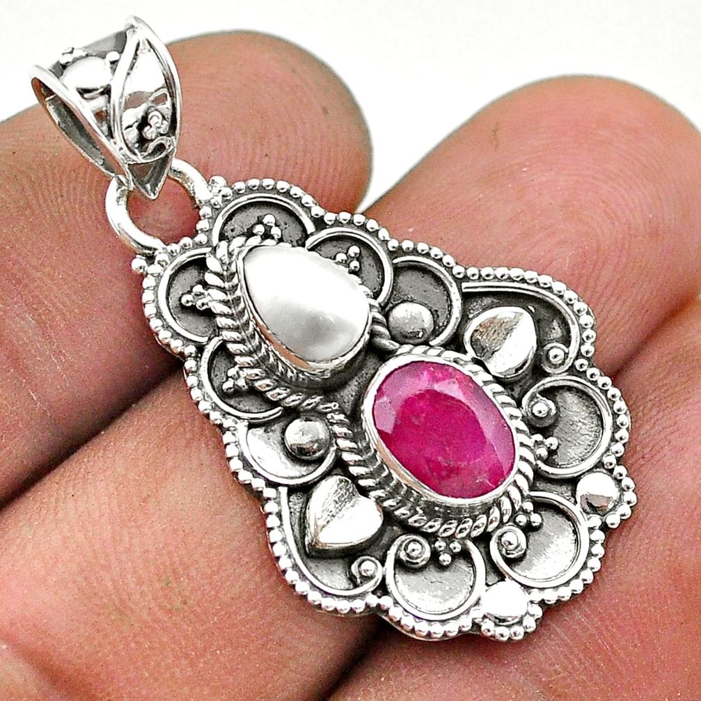 3.40cts natural red ruby pearl 925 sterling silver pendant jewelry t69627