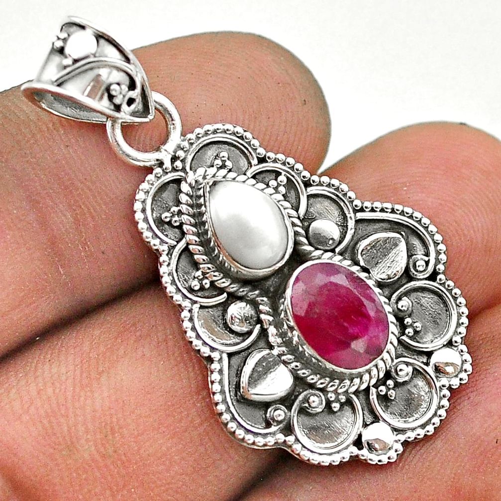 3.41cts natural red ruby pearl 925 sterling silver pendant jewelry t69630