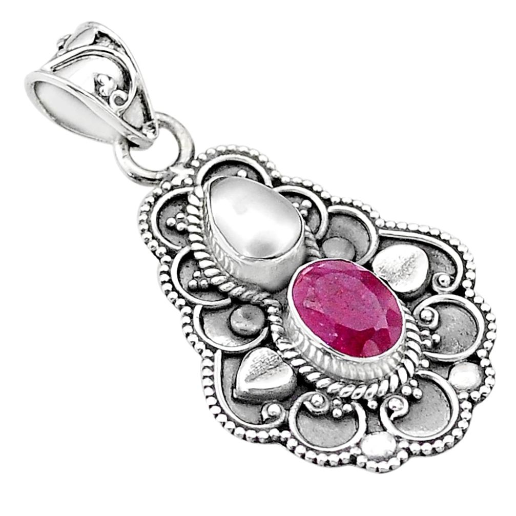 4.03cts natural red ruby pearl 925 sterling silver pendant jewelry t69655