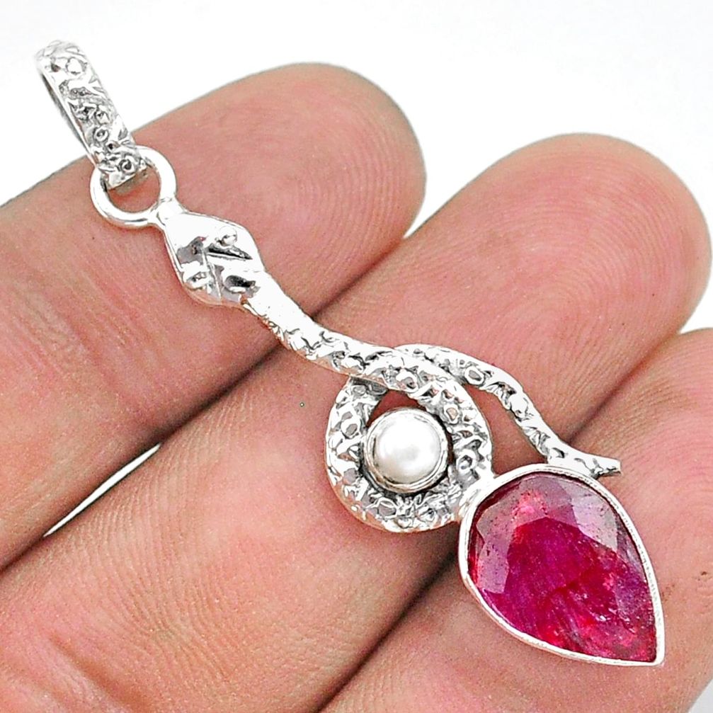 5.87cts natural red ruby pearl 925 sterling silver snake pendant jewelry t35673