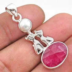 6.43cts natural red ruby pearl 925 sterling silver two cats pendant t73902