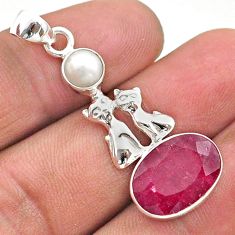 6.51cts natural red ruby pearl 925 sterling silver two cats pendant t73905