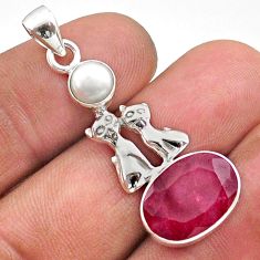 6.42cts natural red ruby pearl 925 sterling silver two cats pendant t73932