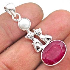 6.45cts natural red ruby pearl 925 sterling silver two cats pendant t73941