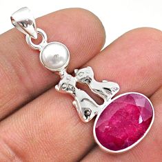 6.45cts natural red ruby pearl 925 sterling silver two cats pendant t73942
