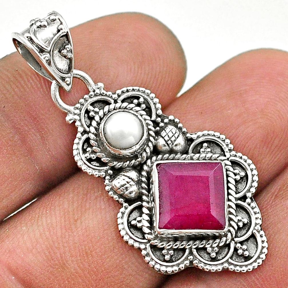 4.43cts natural red ruby white pearl 925 sterling silver pendant jewelry t69524