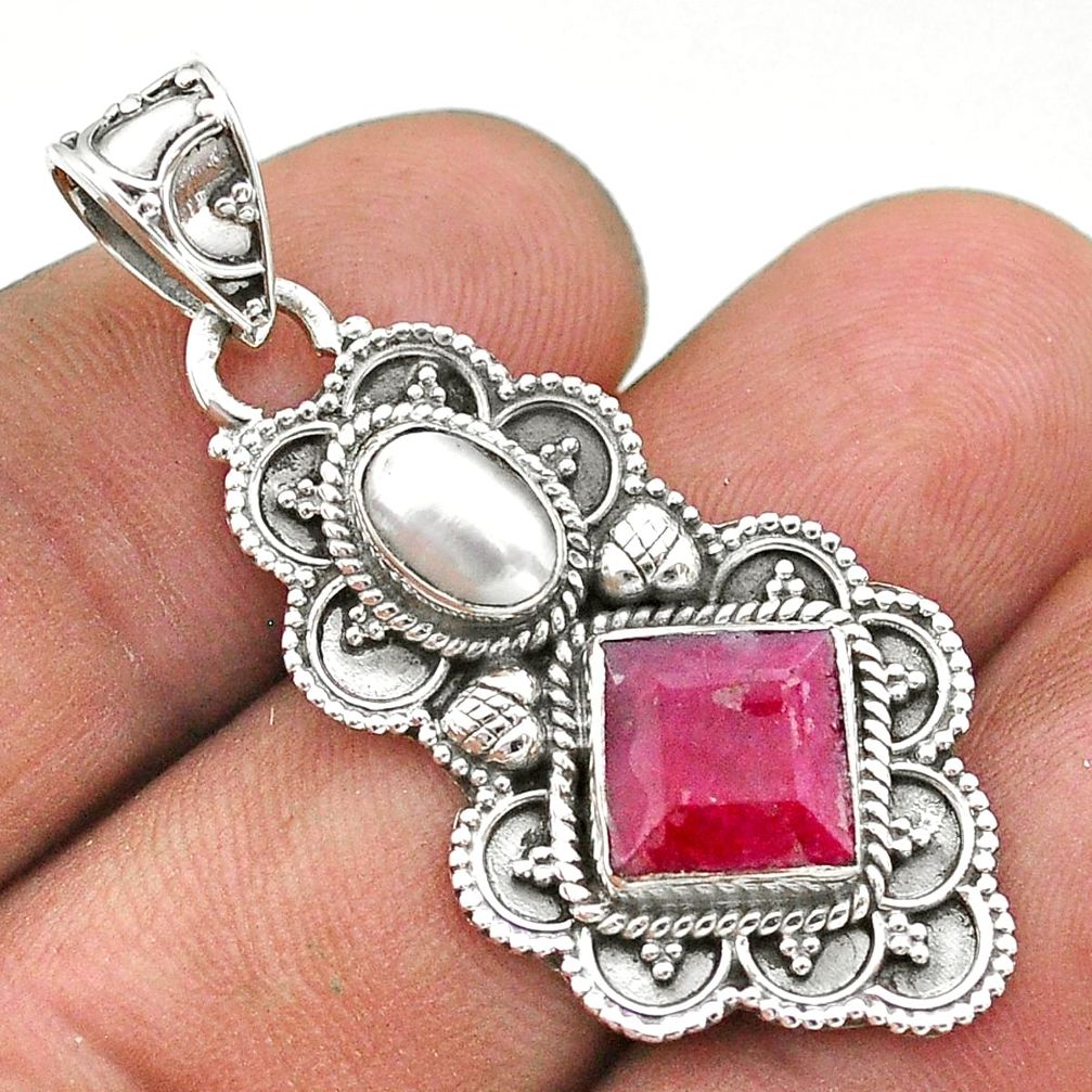 4.92cts natural red ruby white pearl 925 sterling silver pendant jewelry t69540