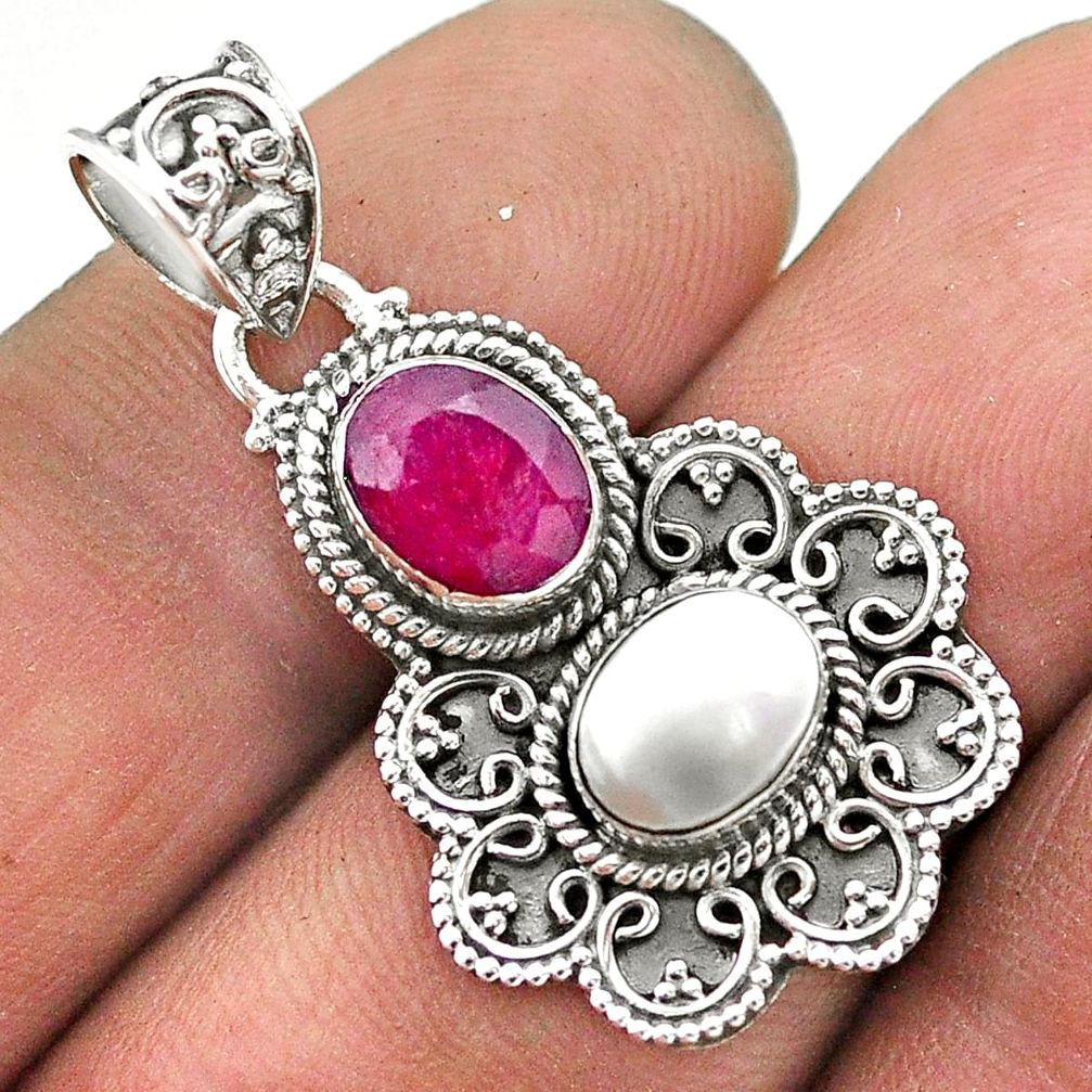 4.47cts natural red ruby white pearl 925 sterling silver pendant jewelry t69556