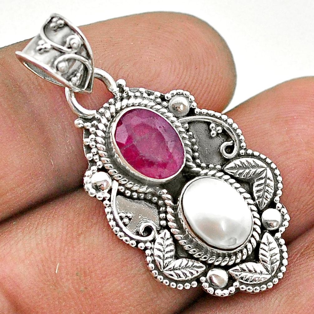 4.28cts natural red ruby white pearl 925 sterling silver pendant jewelry t69598