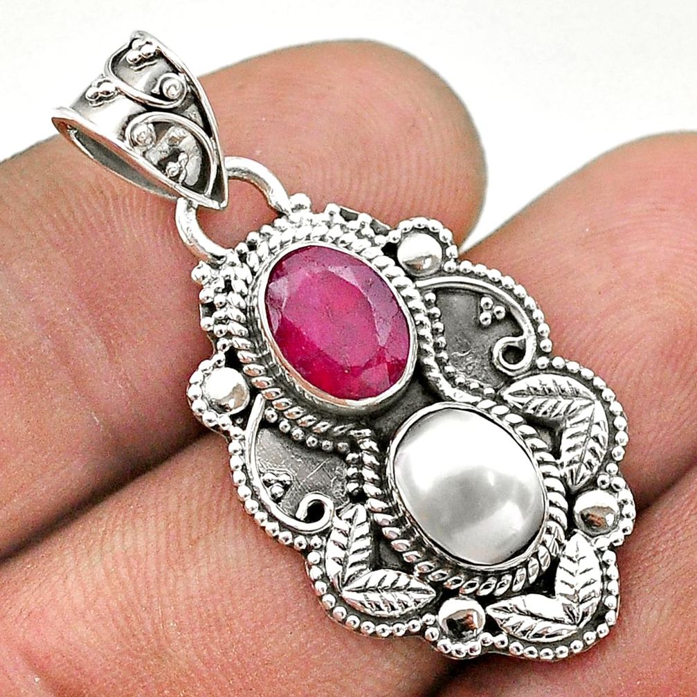 4.06cts natural red ruby white pearl 925 sterling silver pendant jewelry t69618