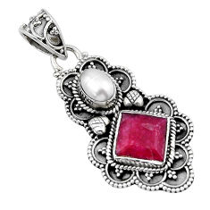 4.87cts natural red ruby white pearl 925 sterling silver pendant jewelry y44282