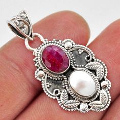 4.45cts natural red ruby white pearl 925 sterling silver pendant jewelry y46249