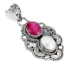 4.29cts natural red ruby white pearl 925 sterling silver pendant jewelry y73661
