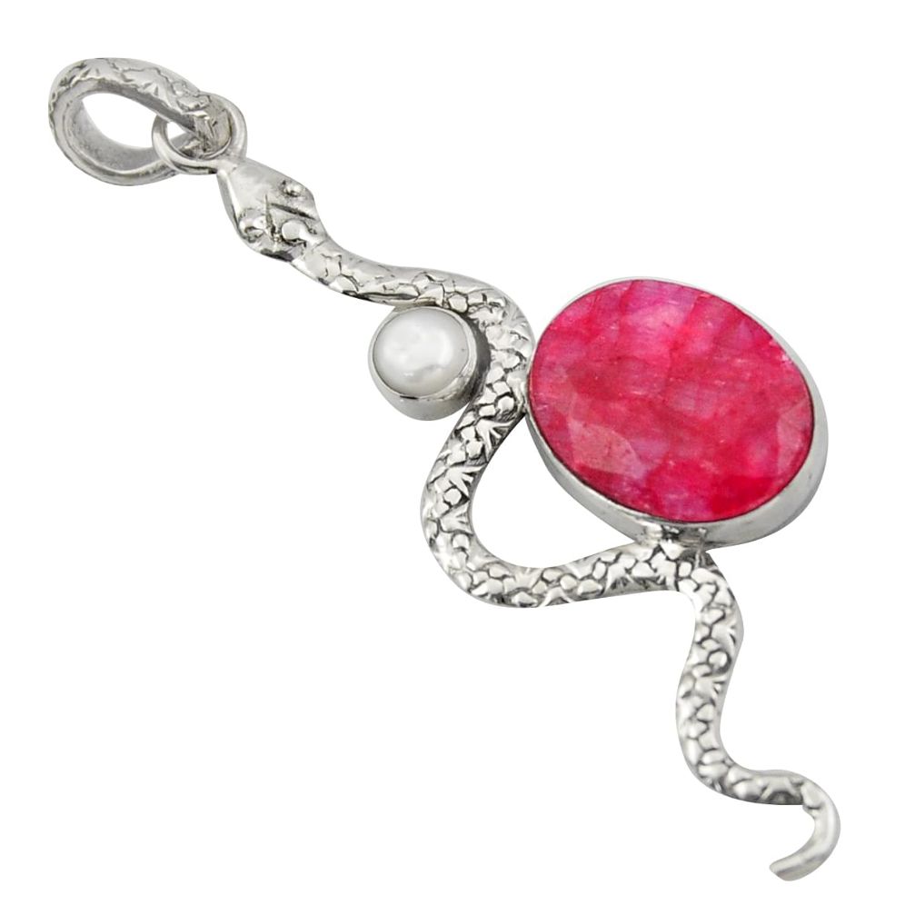 10.37cts natural red ruby white pearl 925 sterling silver snake pendant d47274