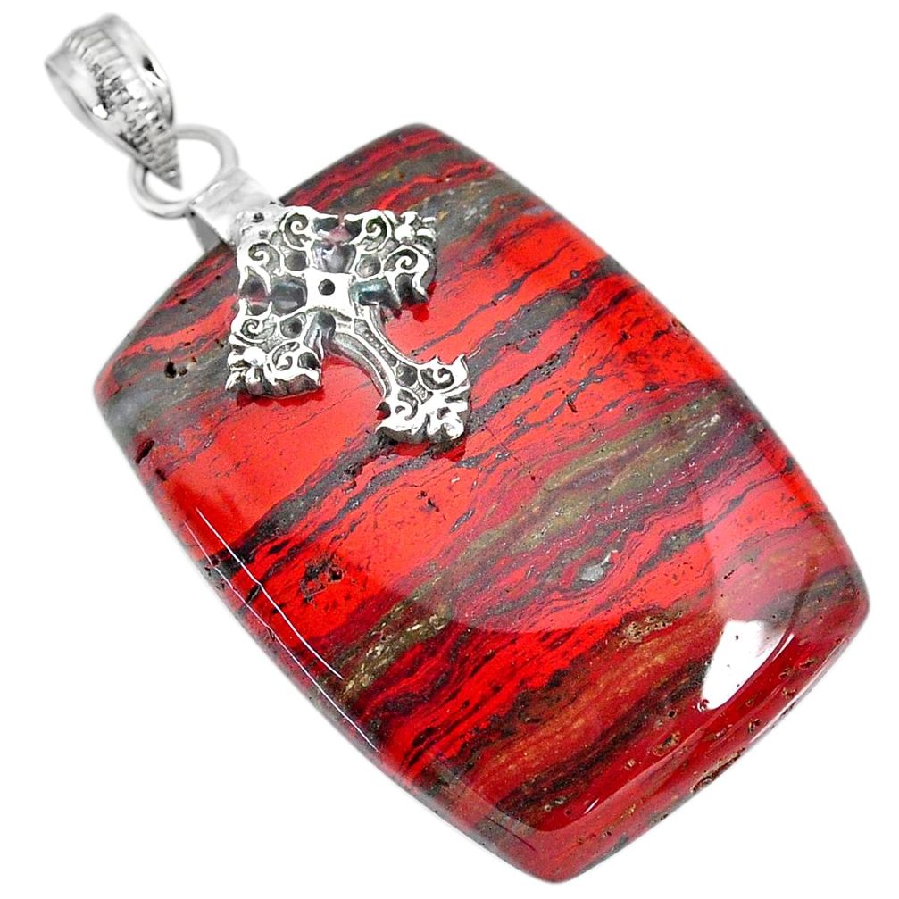 49.72cts natural red snakeskin jasper 925 silver holy cross pendant r91267