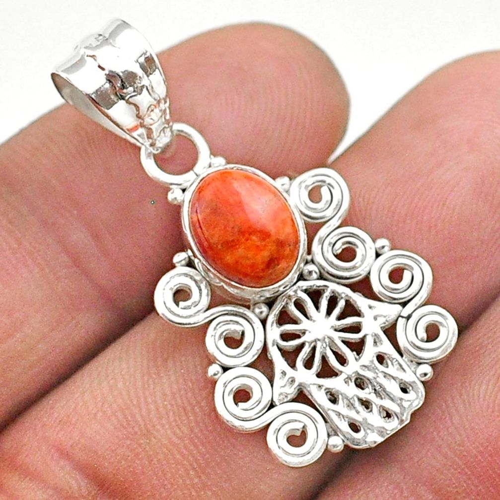 3.07cts natural red sponge coral 925 silver hand of god hamsa pendant t64883
