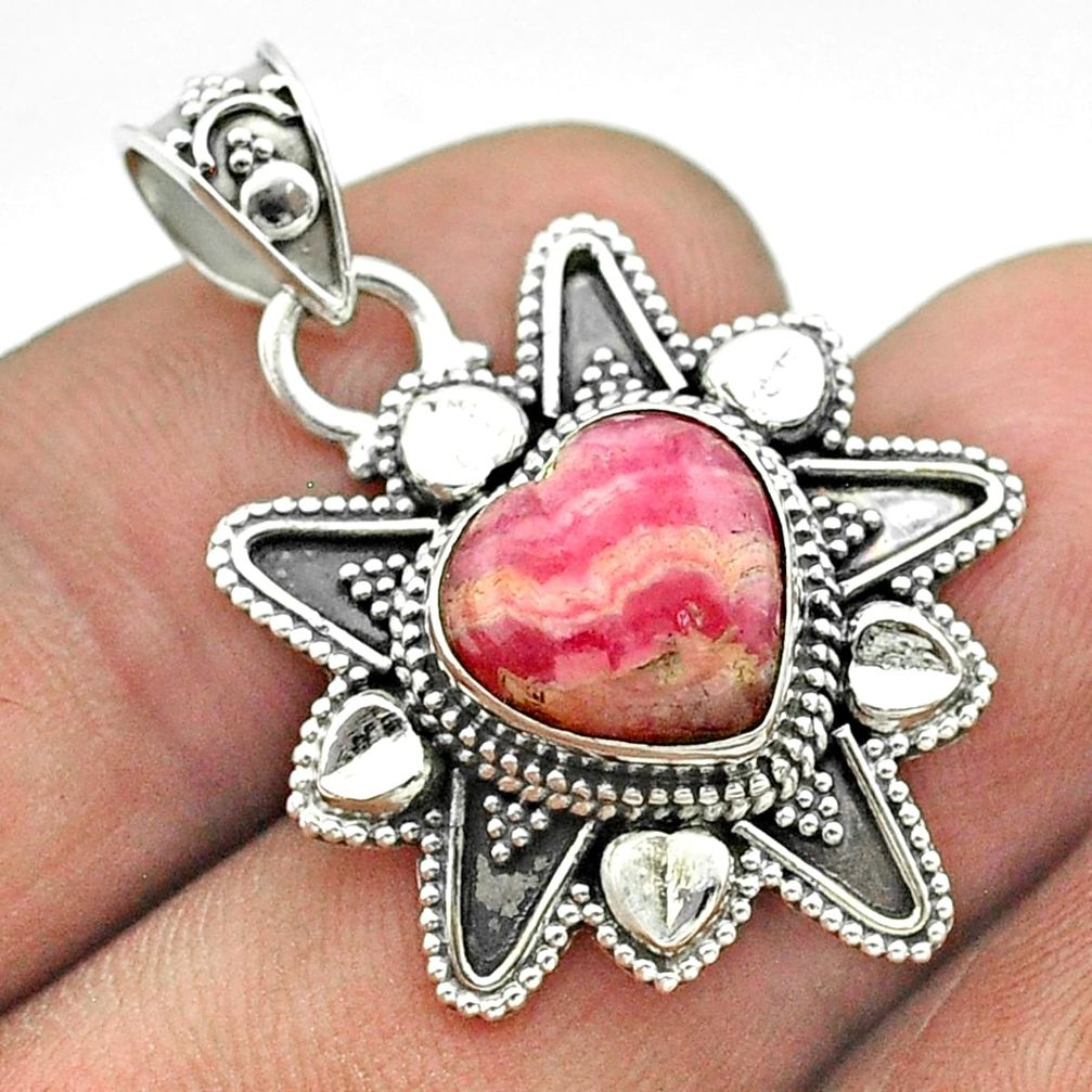 5.29cts natural rhodochrosite inca rose (argentina) silver heart pendant t56097