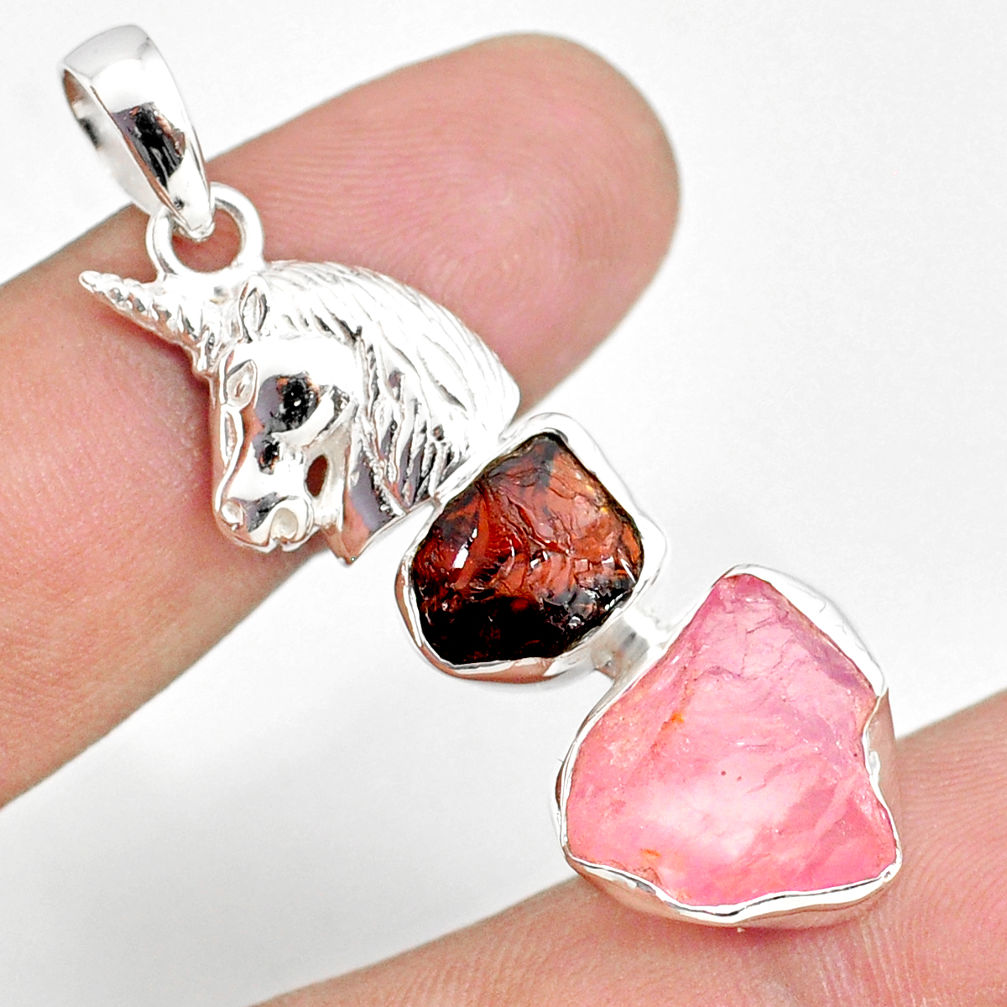 11.95cts natural rose quartz raw garnet rough 925 silver horse pendant r80857