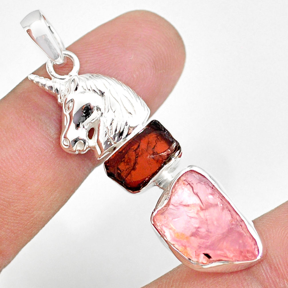 11.71cts natural rose quartz raw garnet rough silver horse pendant r80850