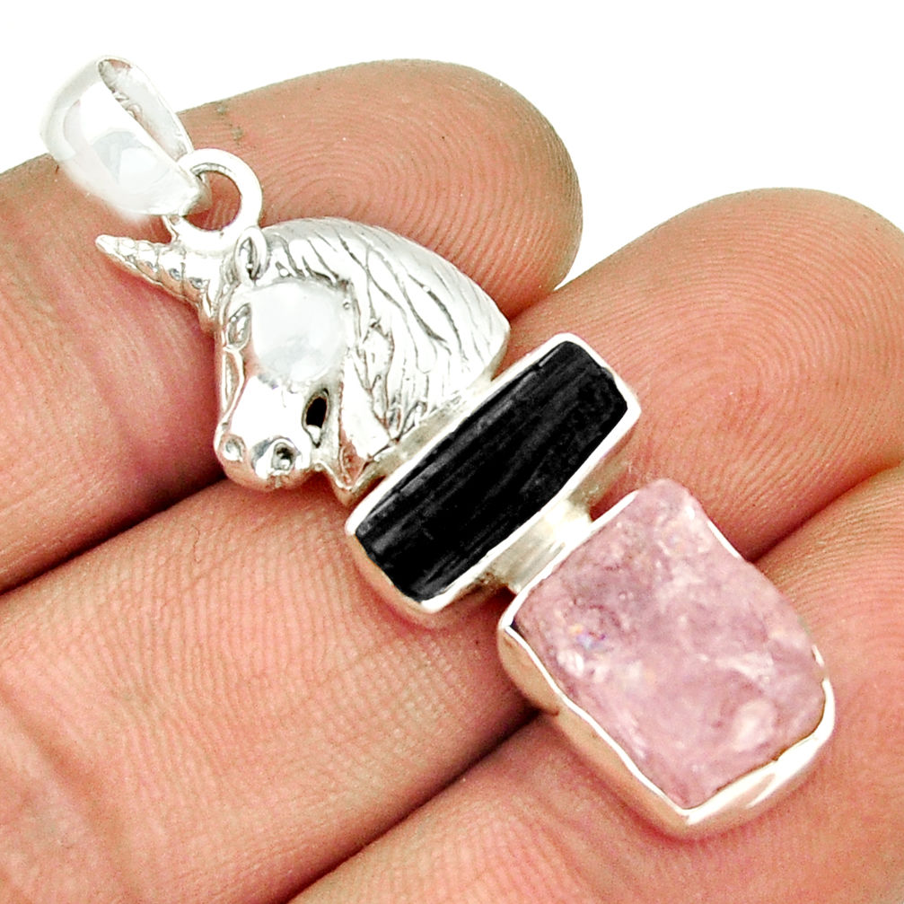 11.27cts natural rose quartz tourmaline rough 925 silver horse pendant y2673