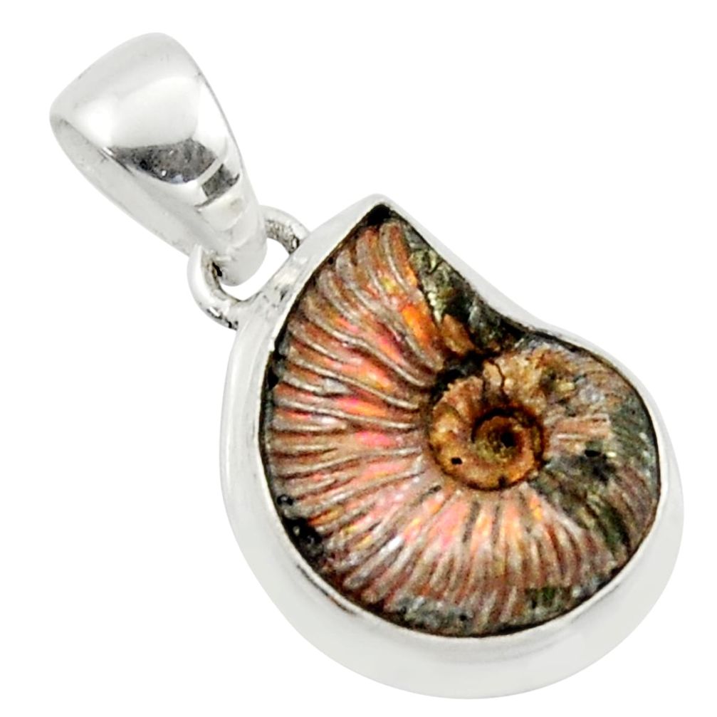 13.87cts natural russian jurassic opal ammonite 925 silver pendant r40093