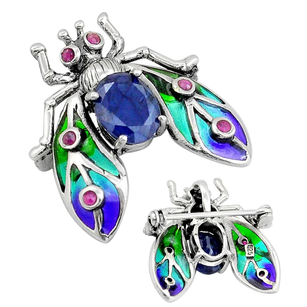 3.53cts natural sapphire ruby green enamel 925 silver brooch pendant c29460
