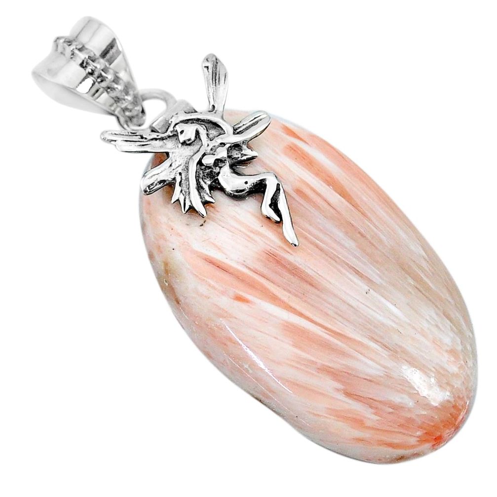 Natural scolecite high vibration crystal silver angel wings fairy pendant r74475