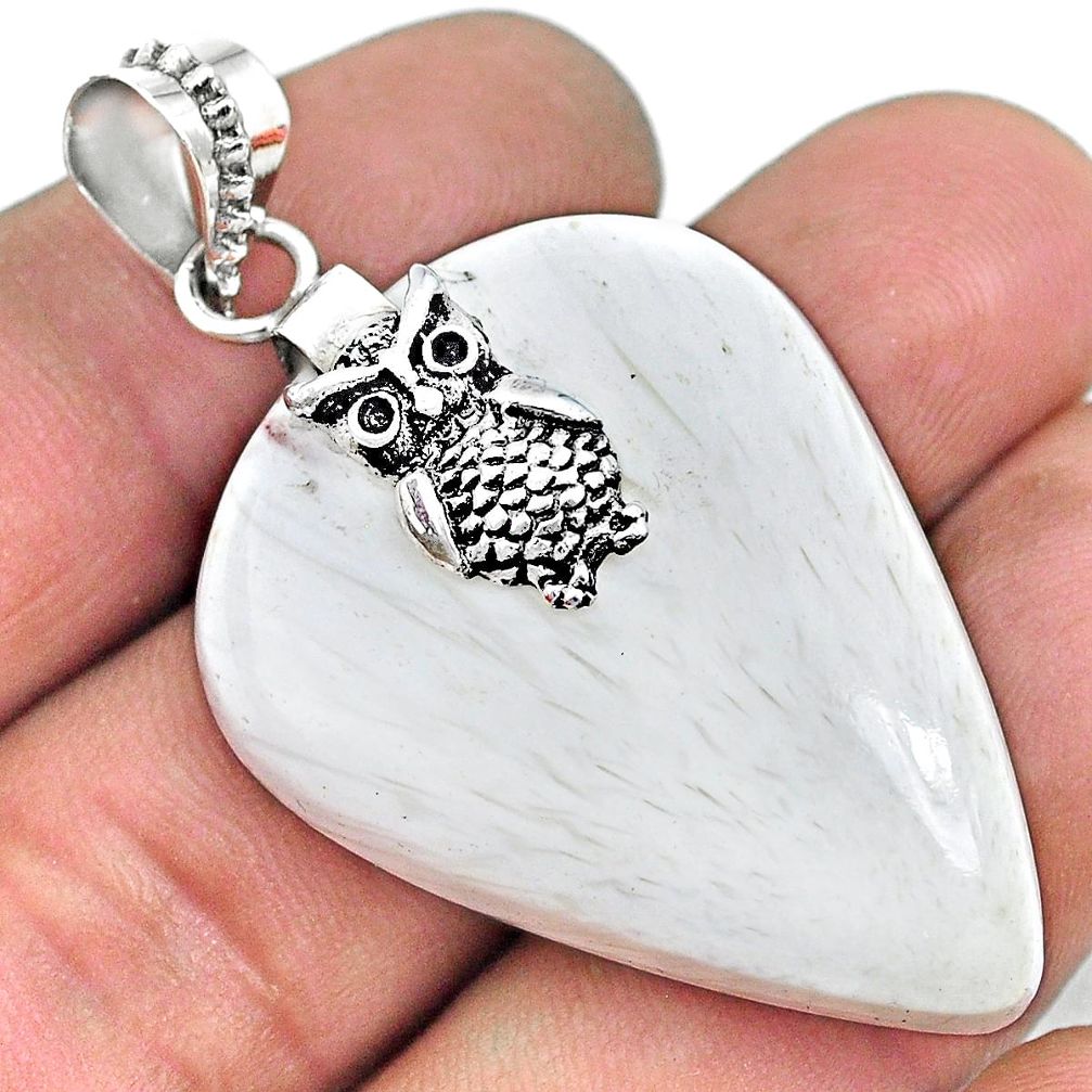 28.90cts natural scolecite high vibration crystal silver owl pendant r74479