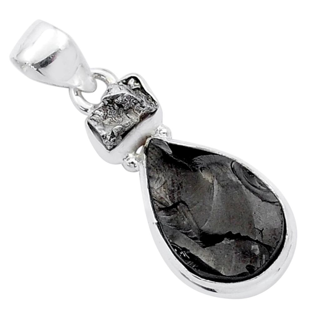 11.66cts natural shungite campo del cielo (meteorite) 925 silver pendant u53459